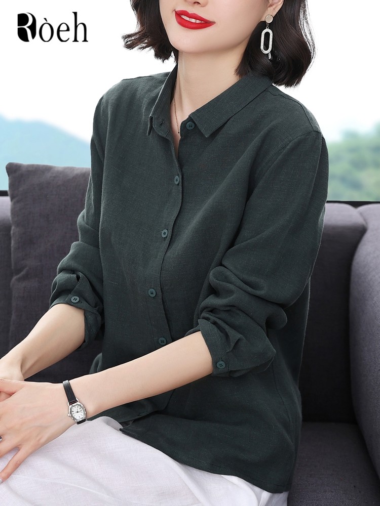 ROEH亚麻衬衫女士2025春秋新款女装长袖宽松气质简约休闲纯色上衣