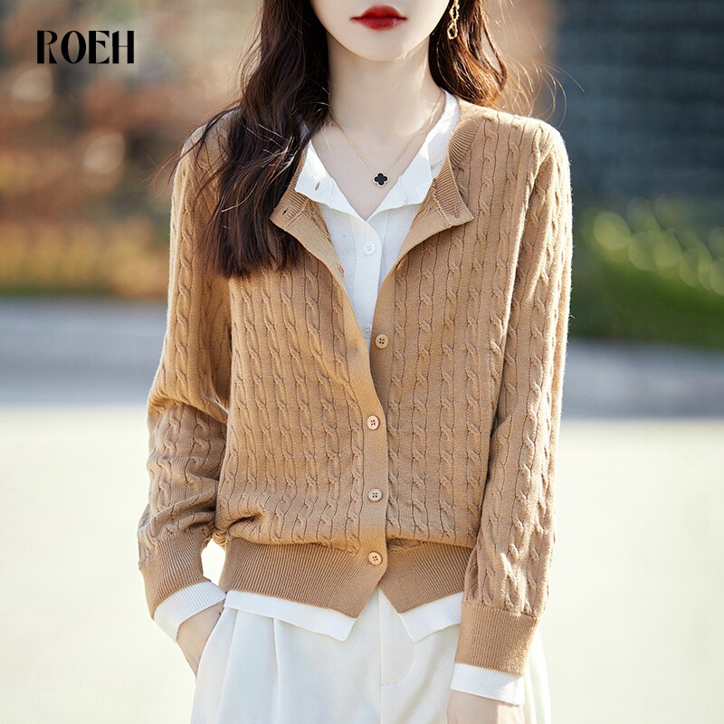ROEH覆古麻花撞色假两件针织开 衫女短外套毛衣新款高级感上衣外