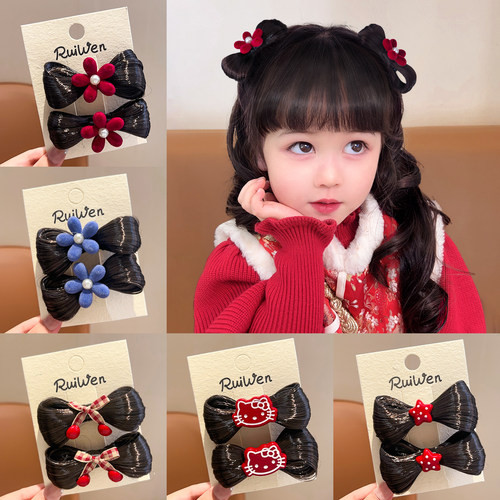 甜美可爱儿童蝴蝶结假发发夹女童丸子头双马尾编发发饰鸭嘴夹发卡