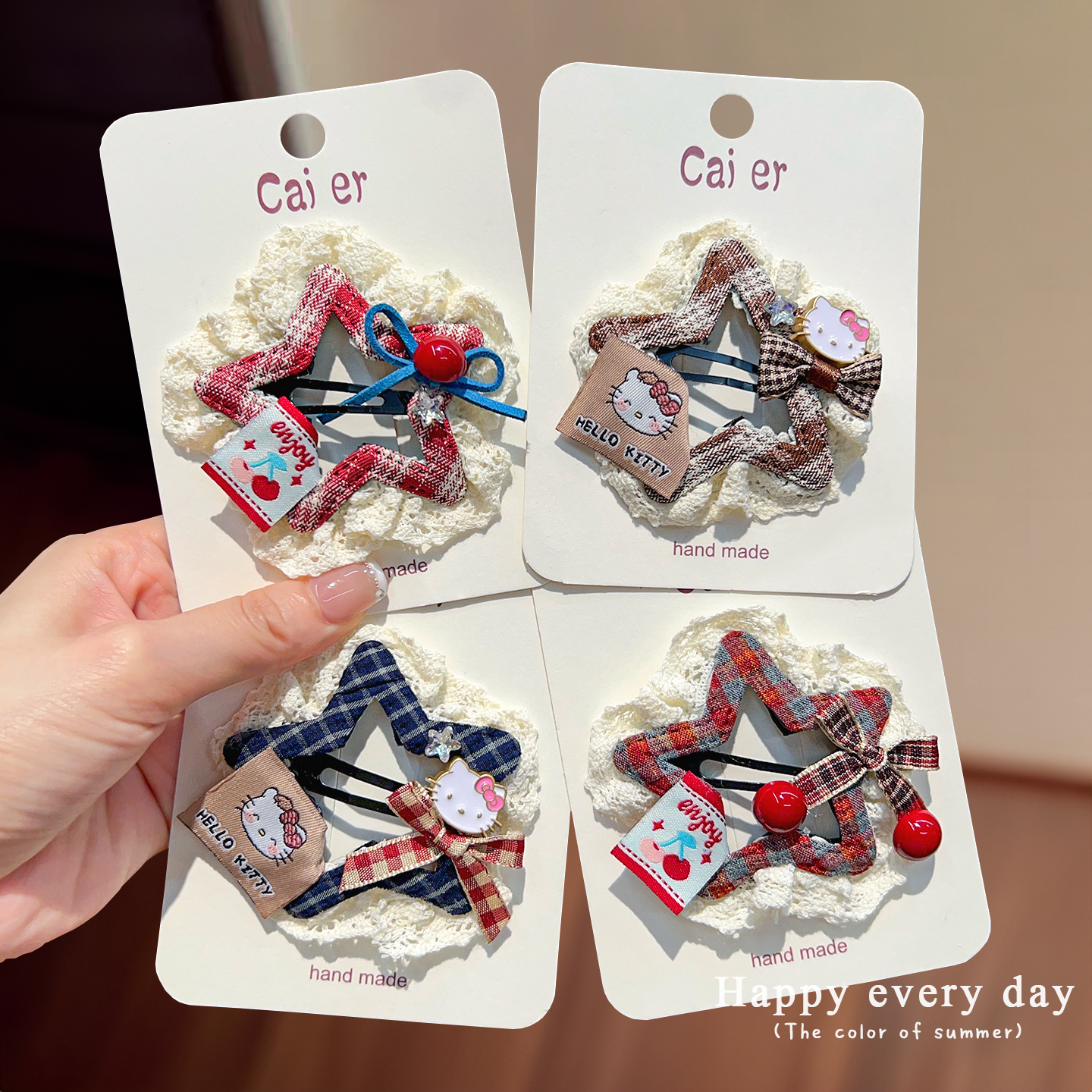 KT猫星星发卡后脑勺甜美蕾丝格纹儿童宝宝发夹女童碎发侧边夹头饰