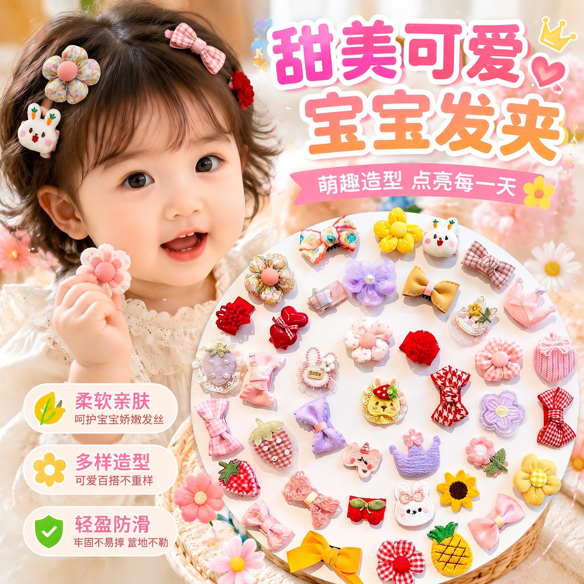婴儿女宝卡通布艺不伤发刘海夹