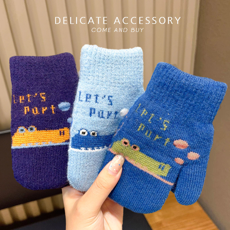 儿童手套冬季男童女孩三岁连指毛线加绒加厚挂绳挂脖学生上学