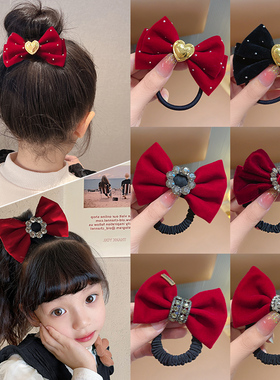 儿童蝴蝶结头绳红色布艺水钻发圈女童新年发绳发饰品女孩过年头饰