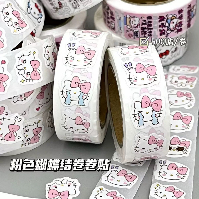 Hello Kitty粉色蝴蝶结卷卷贴纸500贴可爱卡通手账本玩具装饰贴纸