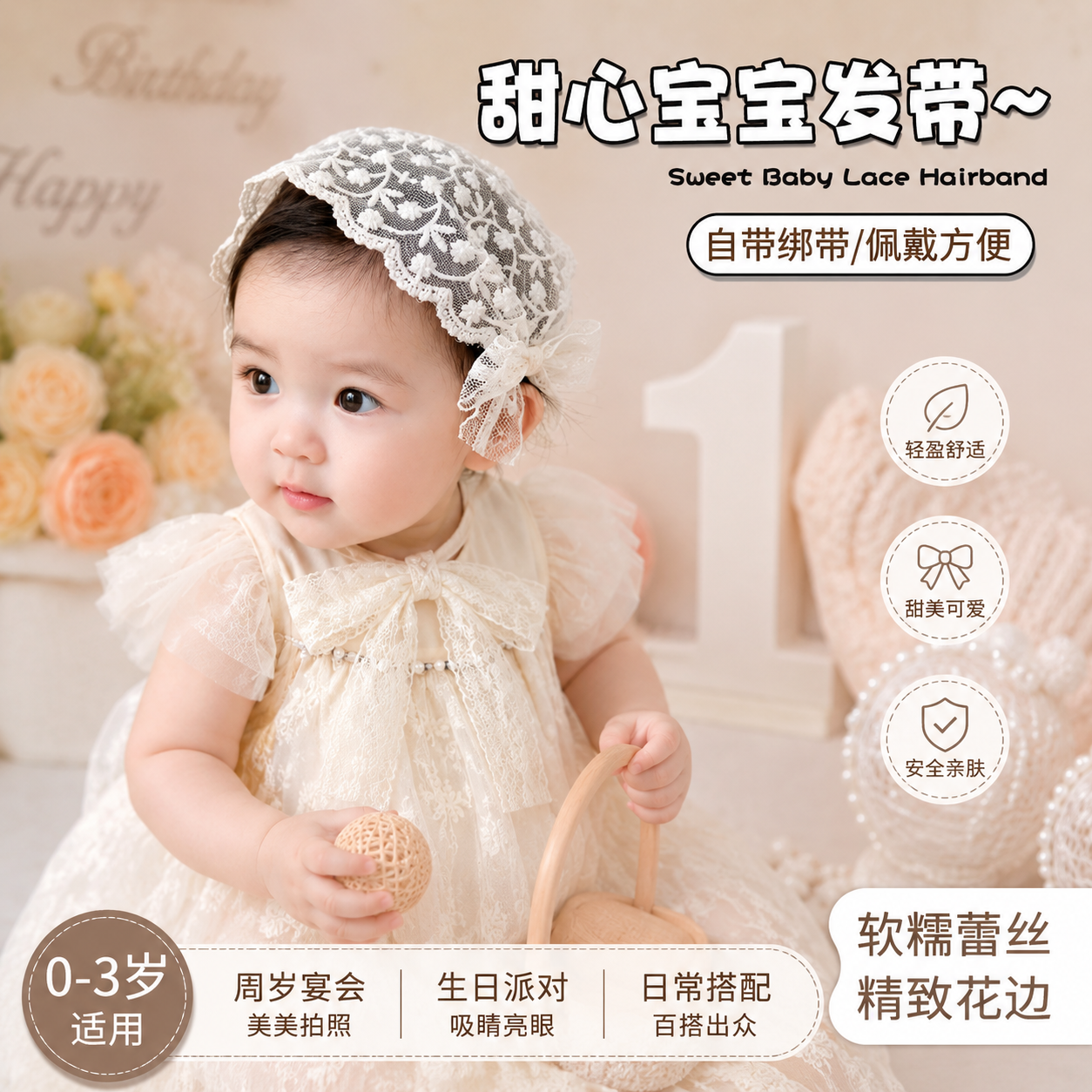 女宝宝甜美法式蕾丝蝴蝶结发带
