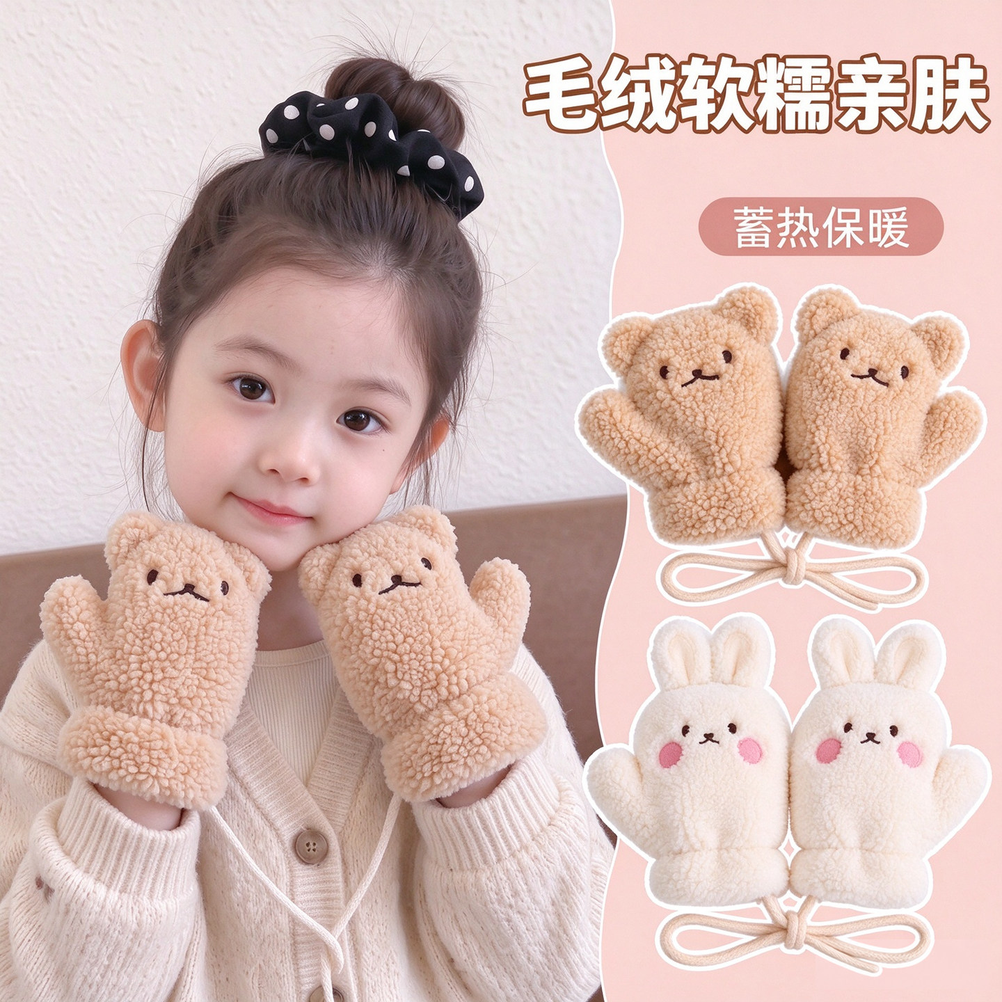 儿童秋冬卡通小熊毛绒手套女童冬季加厚羊羔毛保暖挂绳全包手套