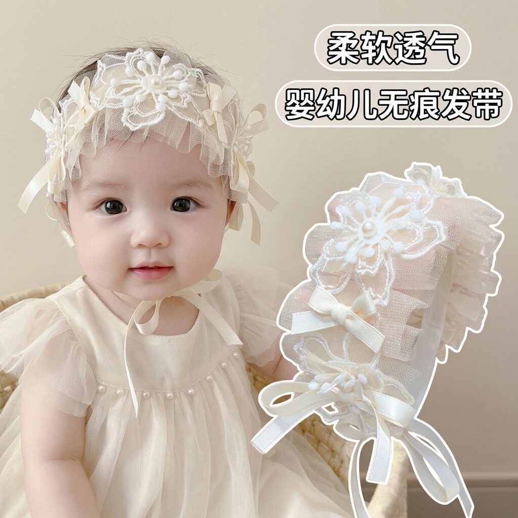 婴儿头巾蕾丝花朵发箍无痕设计不伤发周岁女宝头饰发饰小月龄透气
