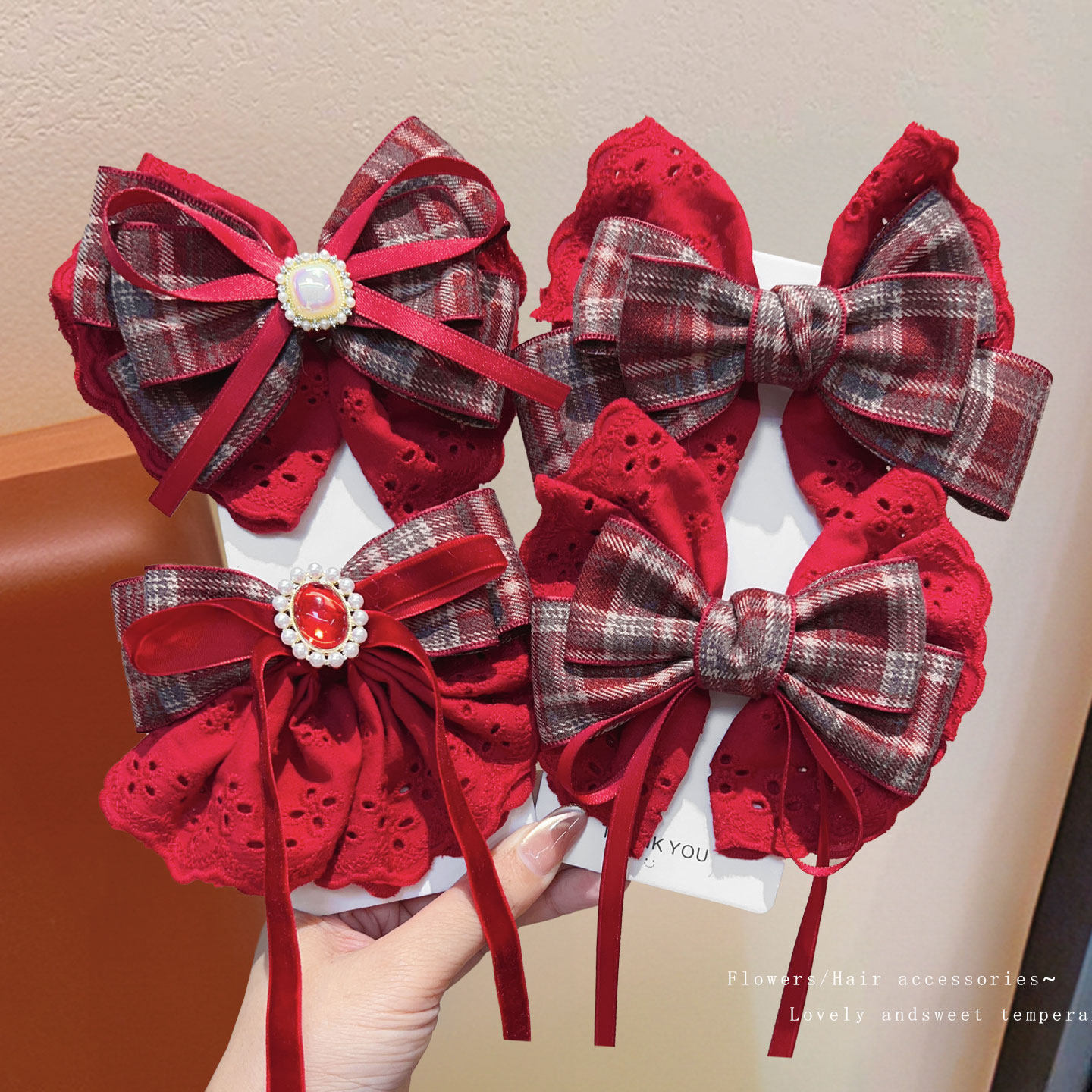 儿童酒红格纹蝴蝶结发夹后脑勺女童公主头发饰甜美过年发饰不伤发