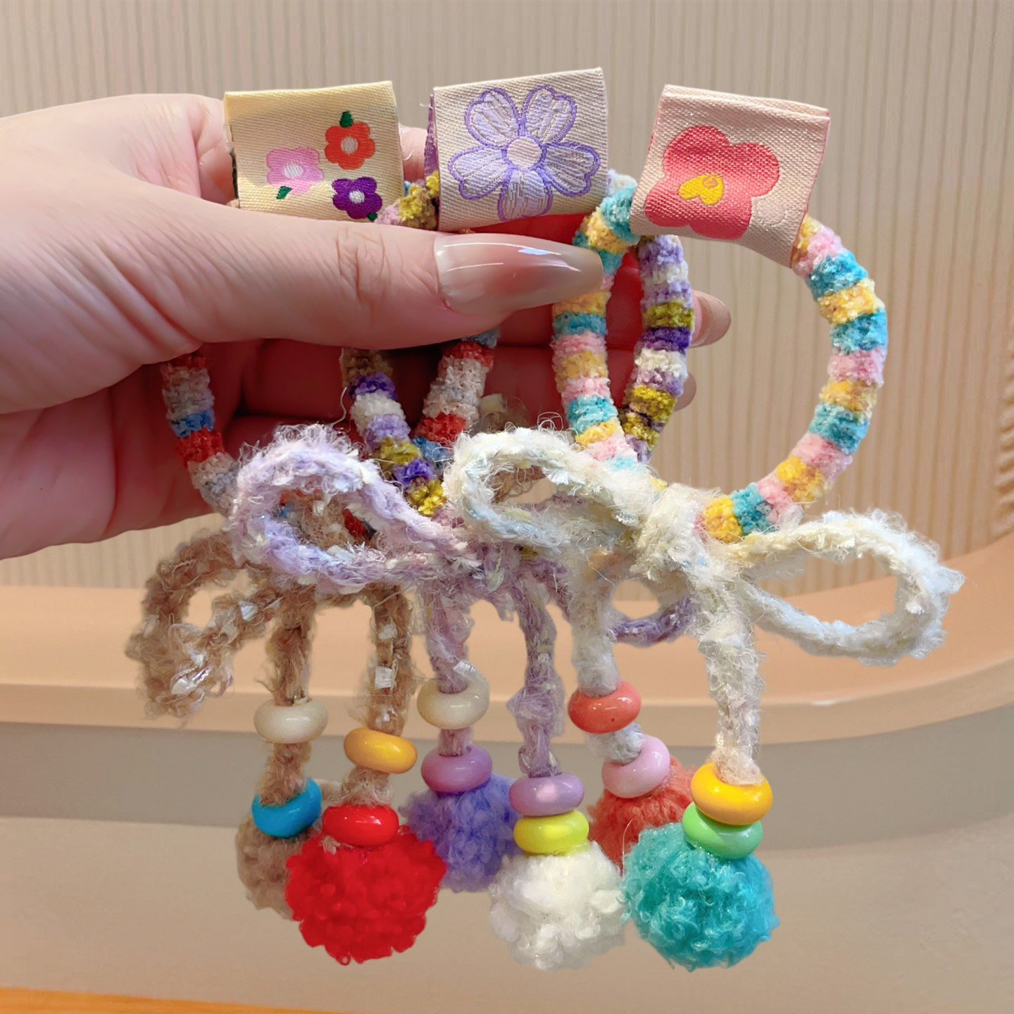 少女感彩色球球毛线发圈高弹力不伤发头绳扎高低马尾皮筋头绳发饰