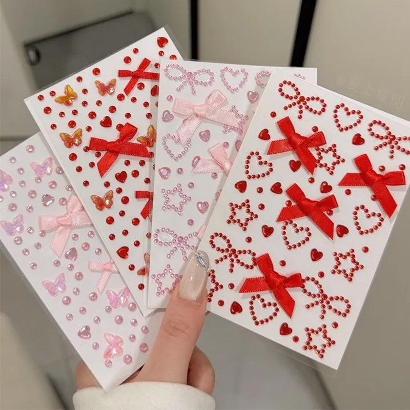 新年红色蝴蝶结爱心脸贴跨年创意妆眼下闪钻舞台妆易清洗自粘儿童贴纸