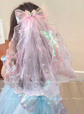 网纱皇冠儿童头纱女童蝴蝶结发夹公主裙头饰宝宝生日发饰白色头纱