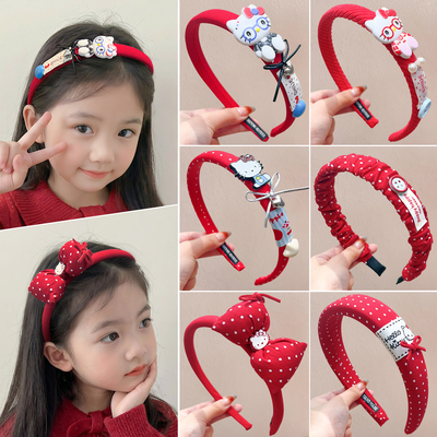 儿童新年红色发箍女童卡通猫咪波点蝴蝶结头箍高颅顶洗脸压发头饰