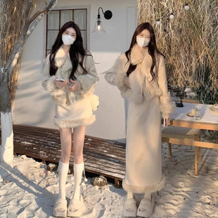 女 高级感小香风毛外套半身裙套装 冬季 韩剧女主穿搭两件套2025新款