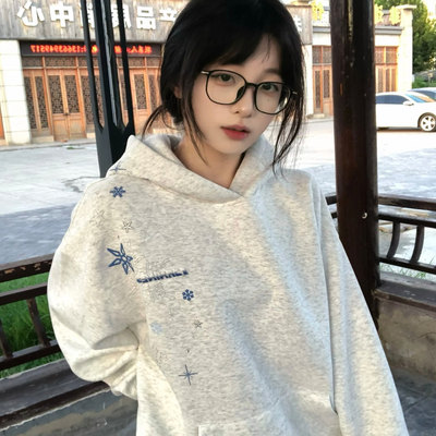 加绒加厚重磅纯棉雪花刺绣连帽卫衣女秋冬新款宽松设计感小众外套