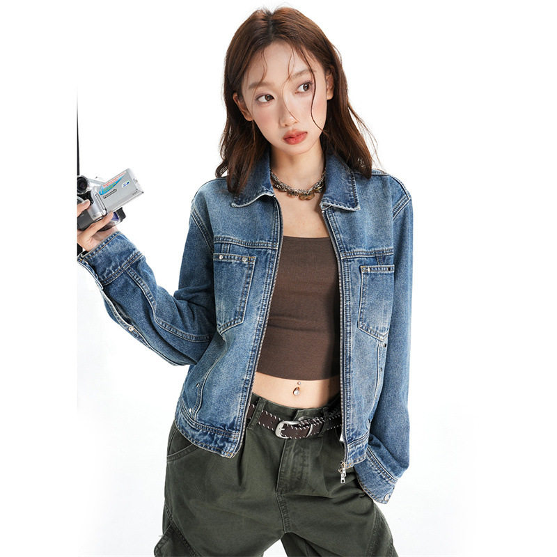 蓝色钉珠装饰翻领拉链款牛仔外套女美式复古修身正肩oversize夹克