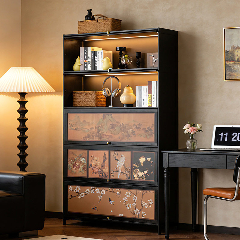 家用美式实木书柜展示柜储物柜置物书架落地玻璃门靠墙客厅a0234