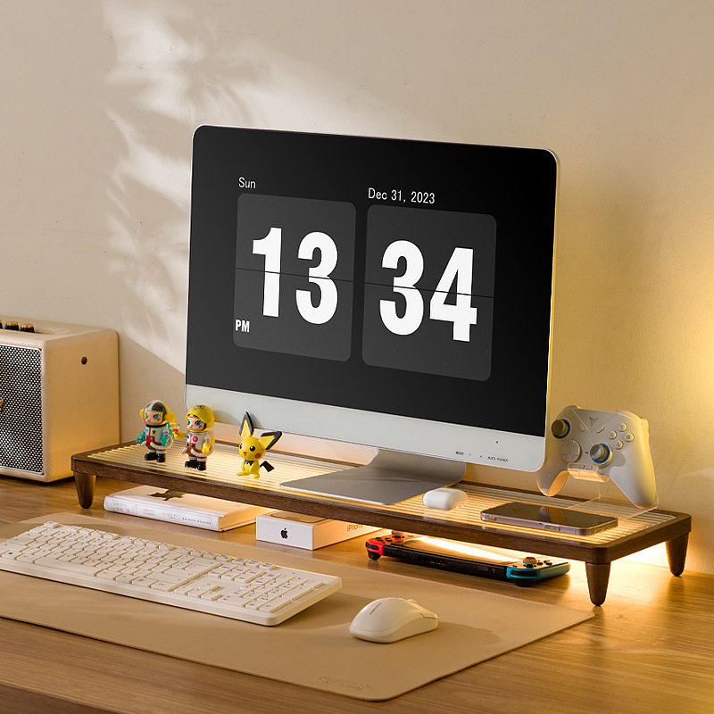 显示器增高架黑胡桃木实木电脑桌面垫高收纳架双层置物架桌a0591