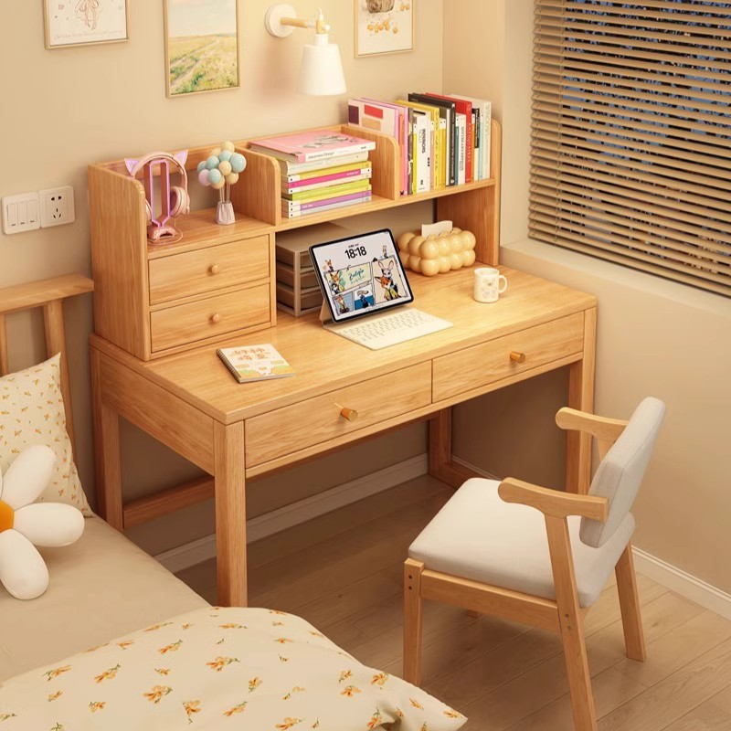 实木书桌书架一体桌学生家用学习写字桌简易桌子卧室电脑桌办公桌