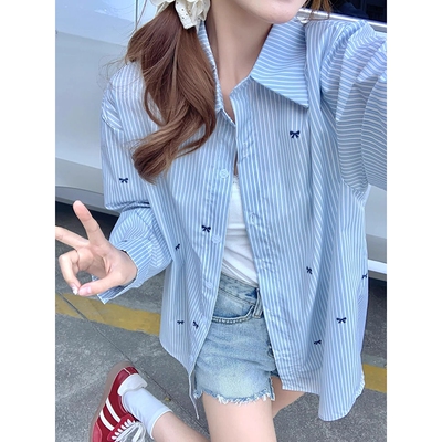 日系蓝色条纹小众设计长袖衬衫