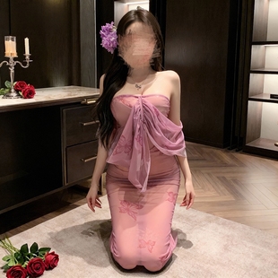 性感抹胸蝴蝶印花透视睡裙女情侣升温战袍紧身包臀qq衣服轻熟御姐