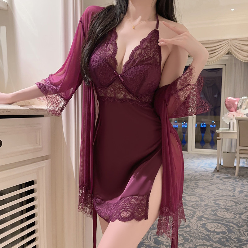 性感蕾丝吊带睡裙女夏季带胸垫睡衣开叉紫色家居服外袍套装大码