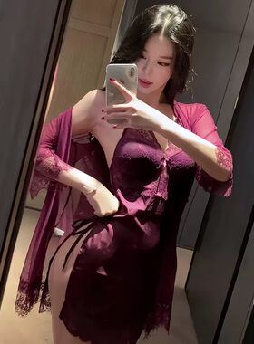 性感紫色网纱深V蕾丝吊带睡裙女带胸垫夏季外袍睡衣套装大码胖MM