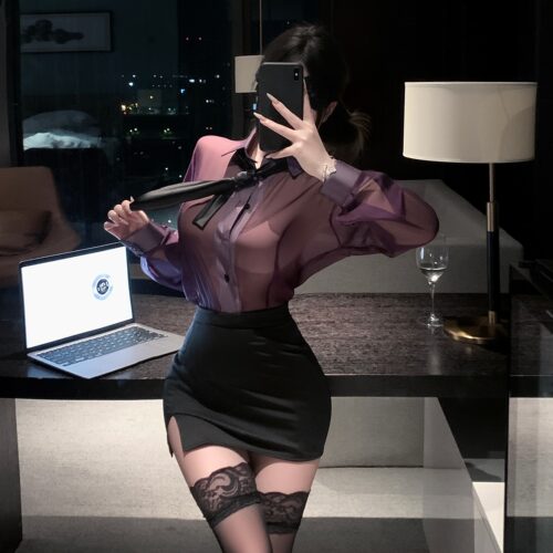 性感风紫色OL秘书制服女透视衬衫包臀裙纯欲角色扮演套装大码qqny