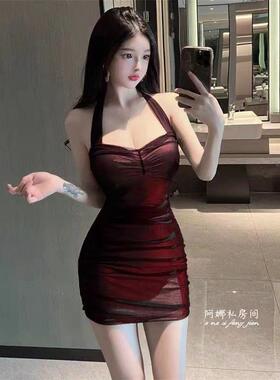 性感睡衣女款红色透视辣妹挂脖包臀秘书制服2025新款胖mm情调内衣