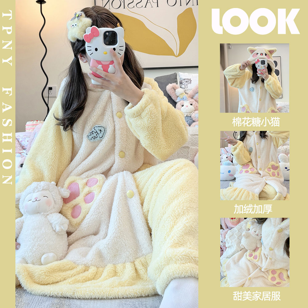 棉花糖小猫睡衣女珊瑚绒加绒加厚少女可爱卡通连帽睡袍家居服套装