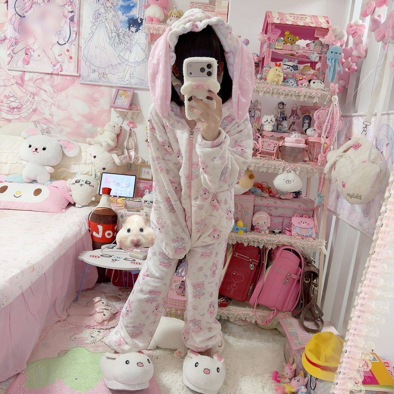 甜美风卡通美乐蒂小美连帽睡衣女冬季保暖可外穿法兰绒家居服套装