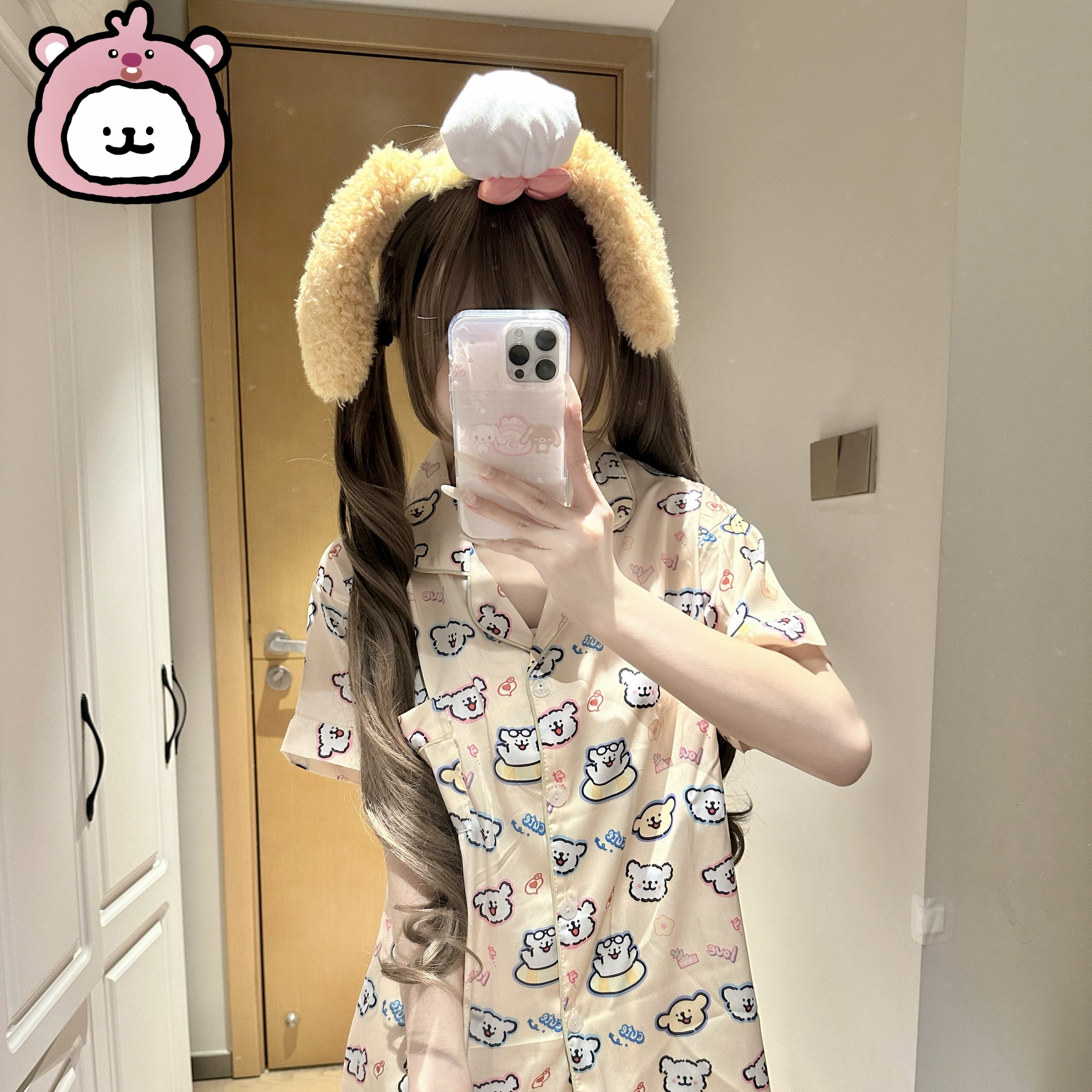 线条小狗睡衣女春秋季冰雪丝短袖三件套卡通可爱甜美薄款家居服夏