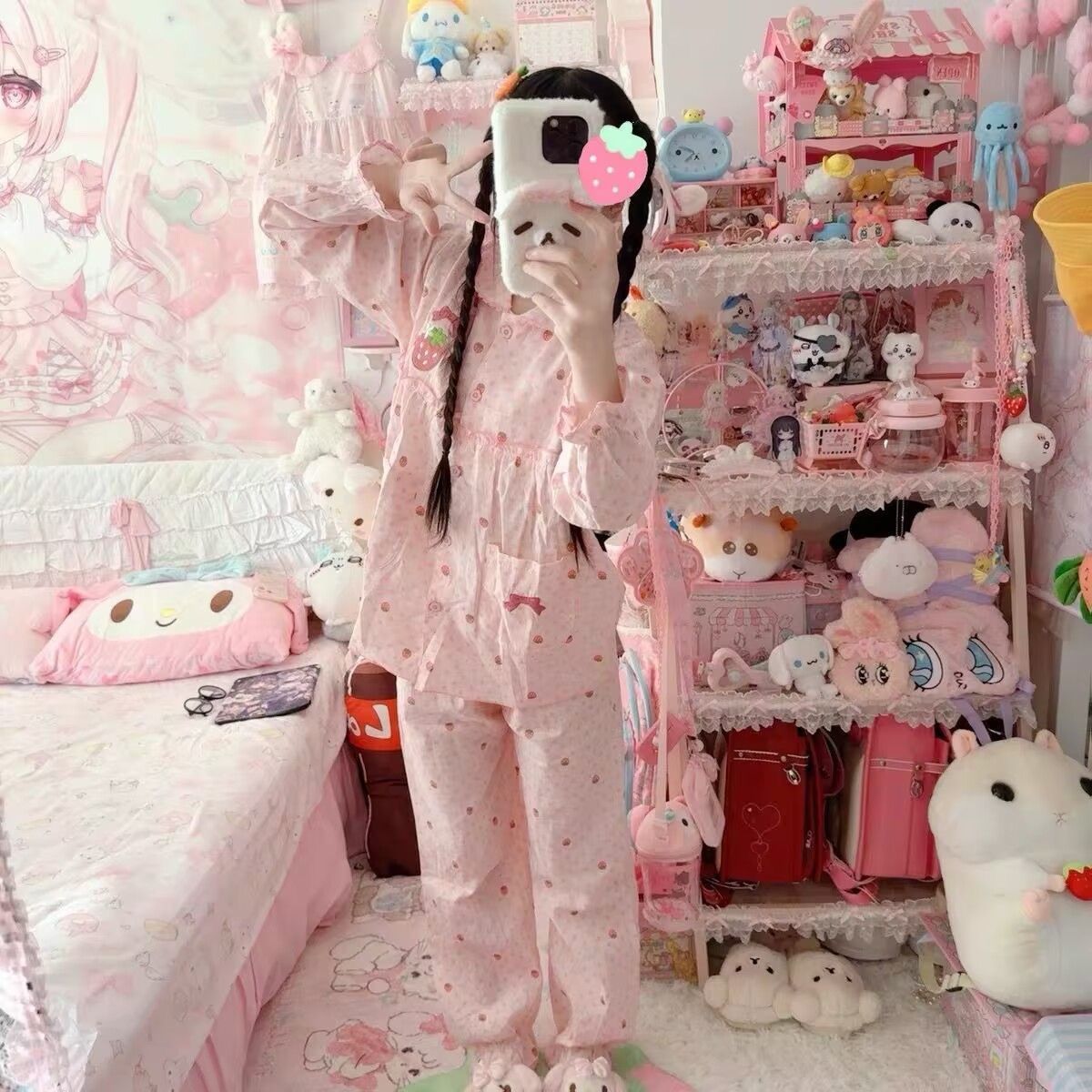 刺绣草莓睡衣女春秋显瘦娃娃领少女学生长袖长裤家居服套装可外穿