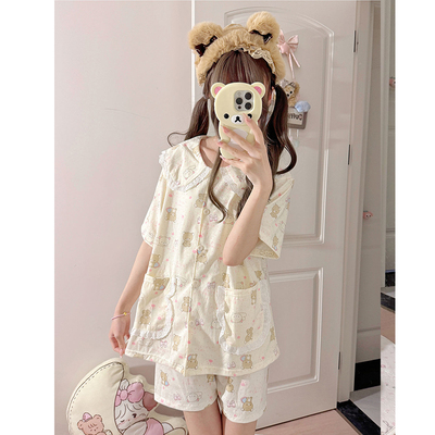 轻松熊睡衣女春秋季纯棉短袖短裤娃娃领可爱卡通少女家居服套装夏