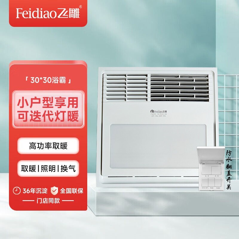 飞雕浴霸风暖恒大款30x30cm卫生一体间集成吊顶浴霸吹风换气取暖