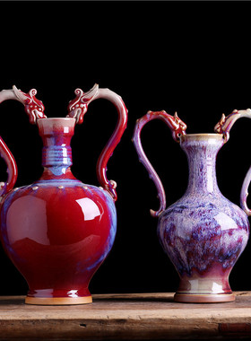 景德镇陶瓷工艺品 仿古钧瓷双龙花瓶家居摆件 古玩收藏老货批发