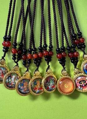 藏族项链圆形民族风合金复古印刷黄财神唐卡吊坠潮流