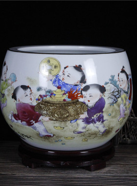 景德镇陶瓷鱼缸粉彩描金睡莲盆中式创意家居玄关聚宝盆装饰摆件