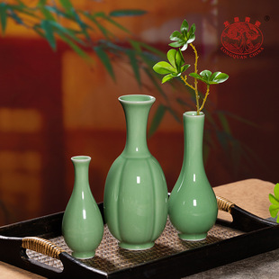 龙泉青瓷小号花瓶三件套创意客厅装饰花器中式陶瓷花插家居小摆件