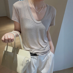 舒适透气薄款天丝羊毛U领短袖T恤女2026夏季新款休闲百搭纯色上衣