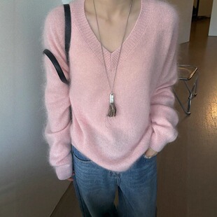 欧洲站2025冬装新款慵懒感休闲拉毛软糯v领羊毛毛衣女套头针织衫