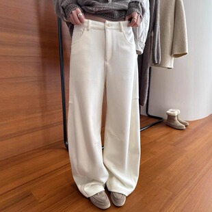 欧洲站2025秋冬新款欧货一粒扣中高腰羊毛休闲裤女显瘦加绒阔腿裤