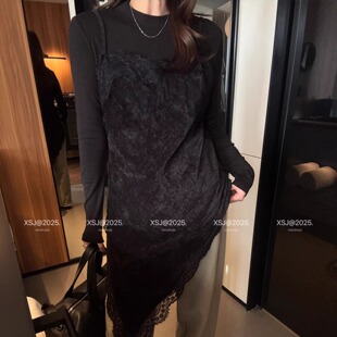 欧洲站2025冬季新款叠穿减龄蕾丝拼接中长款丝绒背心女内搭上衣