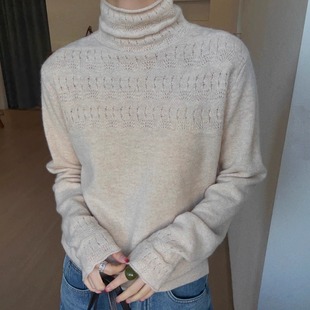 欧洲站2025冬装新款重工钩花堆堆领绵羊毛针织衫女内搭高领毛衣