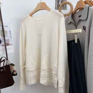 重工刺绣镂空拼接圆领90%羊毛针织衫女休闲宽松10%山羊绒薄款毛衣