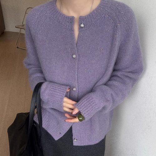 亮丝圆领羊毛针织开衫