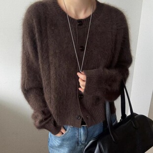 欧洲站2025冬季新款软糯拉绒羊毛开衫女单排扣圆领长袖毛衣针织衫