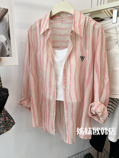 粉色条纹棉麻防晒衬衫 休闲风慵懒宽松长袖 新款 韩国夏季 天丝防晒衣