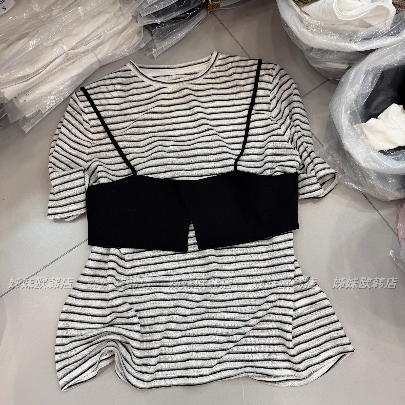 中长款拼色条纹短袖T袖吊带背心两件套女夏季新款欧货大版宽松tee