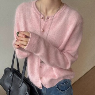 欧洲站2025冬季新款温柔风亮色软糯全羊毛针织开衫女单排扣毛衣