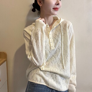 2026春装新款半开扣连帽雕花细羊毛针织衫女洋气显瘦套头帽衫上衣